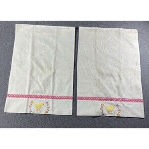 Vintage Kitchen Towel Embroidered Chicks 18”x12” ( Set Of 2) Ivory